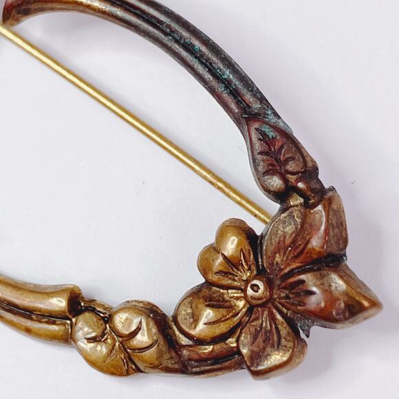Vintage Art Nouveau Style Gold Tone Floral Revival Brooch 1940s Mid Century - Picture 4 of 9